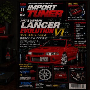 May include: A November 2000 issue of Import Tuner magazine featuring a red Mitsubishi Lancer Evolution VI on the cover. The magazine cover includes text in English and Japanese, highlighting the 4G63 turbo engine, WRC technology, and various automotive parts, with a barcode at the bottom.