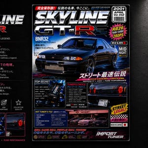 May include: A magazine cover featuring a black Nissan Skyline GT-R BNR32, with bold white and red text including Skyline GT-R, April 2001 Vol. 42, and Import Tuner. The layout displays car specifications, engine details, and tuner information in English and Japanese.