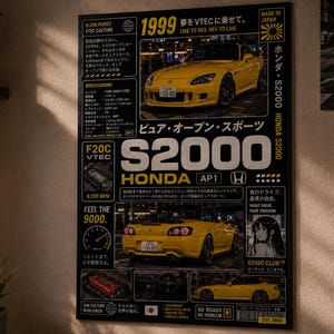 May include: A black rectangular poster featuring a yellow Honda S2000 sports car. The design includes technical specifications, a tachometer graphic, Japanese text, and the model name S2000 in large white letters. The layout displays multiple car views.