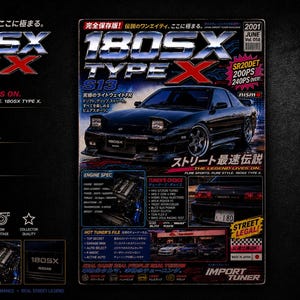 Peut inclure: Une couverture de magazine présentant une voiture de sport Nissan 180SX Type X S13 noire. Le texte inclut 180SX TYPE X, SR20DET, 200PS, 240PS OVER et IMPORT TUNER. La mise en page affiche des spécifications moteur et des images sur fond sombre.