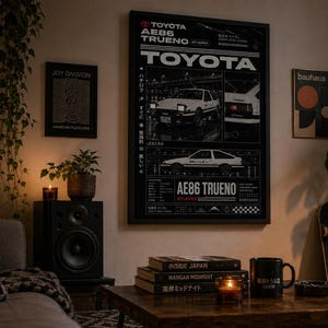 May include: A black framed wall poster featuring a white Toyota AE86 Trueno car, with Japanese text, technical specifications, and graphic elements. The design includes multiple views of the vehicle, including front and side profiles, set against a black background with white typography and branding.
