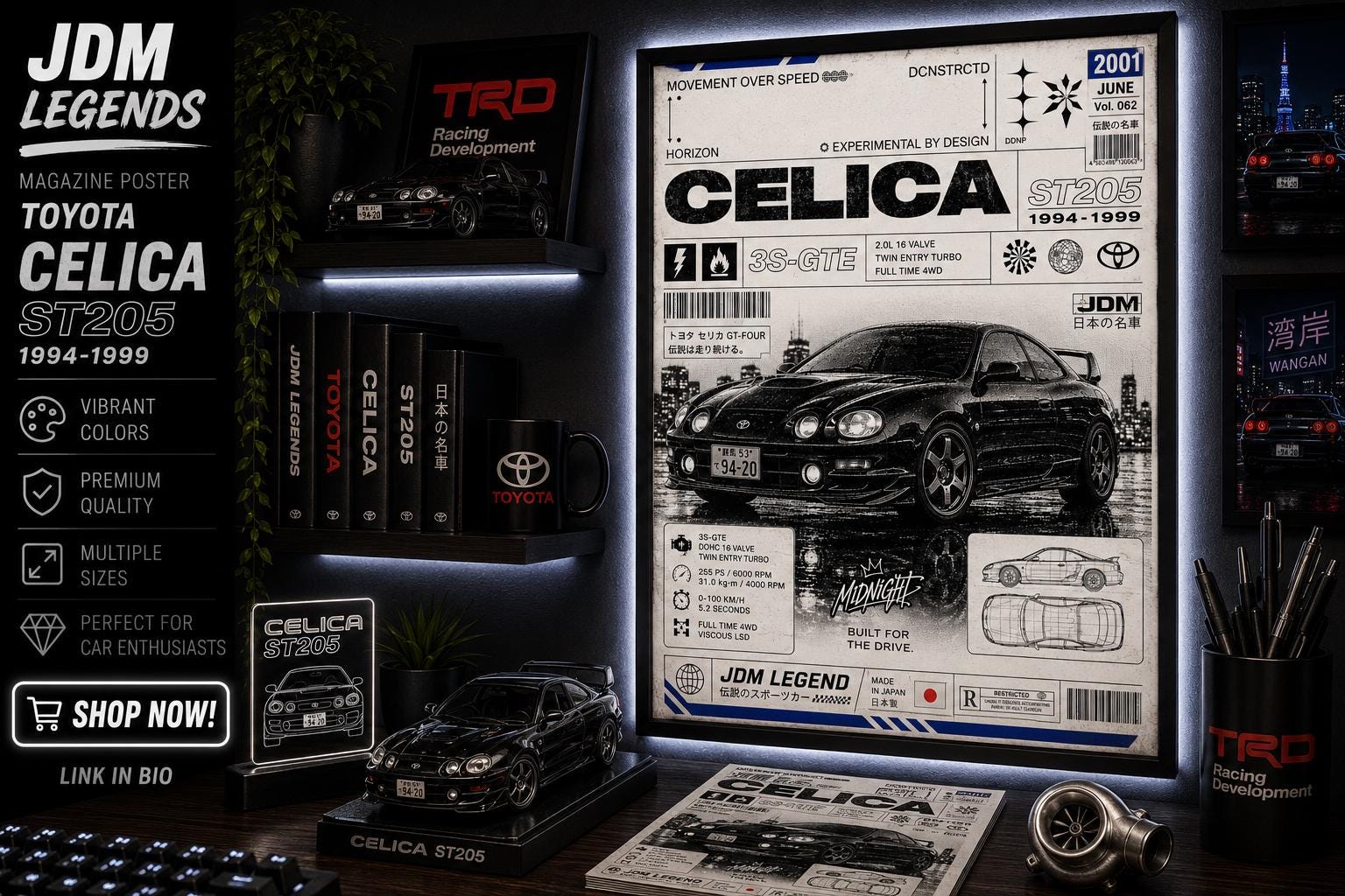 Toyota Celica GT Four ST205 Poster Black and White JDM Wall Art 3S
