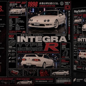 May include: A black poster featuring a white Honda Integra Type R, with red and white text including "Integra Type R" and "1998." The design displays multiple views of the car, technical specifications, and icons for performance, all on a dark background.