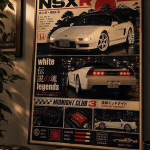 May include: A vertical poster featuring a white Honda NSX-R sports car. The design includes front and rear views of the vehicle, technical specifications, Japanese text, and the titles "NSXR," "The Legend Lives On," and "Midnight Club 3 Wangan Midnight."