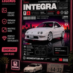 Honda Integra Type R Poster DC2 JDM Wall Art B18C VTEC Print Acura Integra Type R Decor Japanese Sports Car Poster Garage & Gaming Room Art