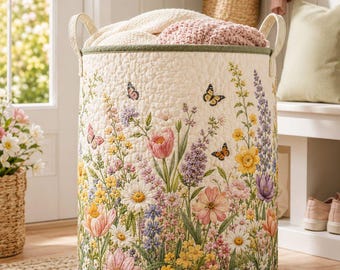 Wildflower Quilted Laundry Bag, Floral Storage Hamper, Butterfly Bird Decor Basket, Farmhouse Nursery Organizer