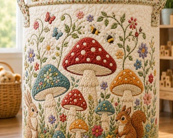 Mushroom Quilted Laundry Bag, Cottagecore Storage Hamper, Woodland Nursery Basket, Cute Toy Organizer, Baby Room Decor