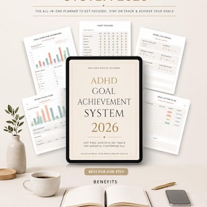 Peut inclure: Un planificateur numérique intitulé ADHD Goal Achievement System 2026 affiché sur une tablette, entouré de diverses pages de planification dont un suivi d'habitudes, un aperçu des objectifs et un plan d'action, avec des icônes pour 80+ pages.