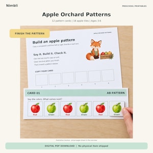 Puede incluir: Una hoja de actividades educativas imprimible titulada Apple Orchard Patterns con una ilustración de un zorro, instrucciones para crear un patrón de manzanas y una tarjeta CARD 01 AB PATTERN con fichas de manzanas rojas y verdes.