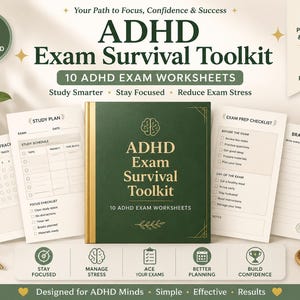 Peut inclure: Un kit de survie aux examens TDAH numérique comprenant un classeur central vert foncé avec du texte doré, entouré de diverses feuilles de travail de planification d'études, d'un suivi de concentration et d'une liste de contrôle de préparation.