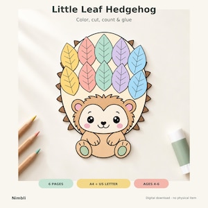 Peut inclure: Une fiche d'activité imprimable intitulée Little Leaf Hedgehog avec le sous-titre Color, cut, count & glue. Elle présente un hérisson de dessin animé avec dix feuilles colorées sur le dos, trois crayons de couleur, un bâton de colle et des étiquettes.