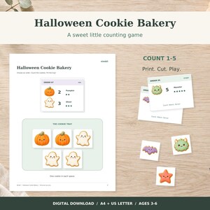 Op de afbeelding: Een printbaar Halloween Cookie Bakery telspel met een hoofdactiviteitenblad met koekjesillustraties, bestelkaarten en individuele koekjesfiches om uit te knippen. De tekst bevat Halloween Cookie Bakery, A sweet little counting game, COUNT 1-5, Print. Cut. Play. en diverse instructies.