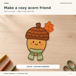Acorn Craft Printable Fall Coloring Cut and Paste Activity for Kids
