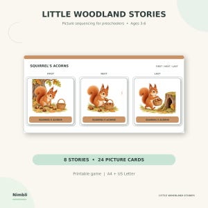 May include: A printable game titled Little Woodland Stories featuring picture sequencing for preschoolers ages 3-6. The game includes 8 stories and 24 picture cards, shown here with a Squirrel's Acorns sequence of three cards on A4 and US Letter paper.