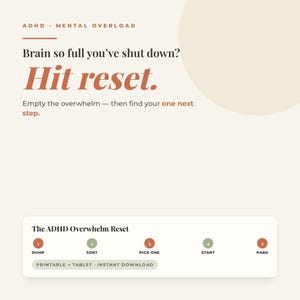 Peut inclure: Un graphique numérique sur fond crème avec le texte ADHD MENTAL OVERLOAD, Brain so full you've shut down? Hit reset. Empty the overwhelm — then find your one next step. En bas, un encadré liste The ADHD Overwhelm Reset avec cinq cercles numérotés DUMP, SORT, PICK ONE, START, et PARK, ainsi que le texte PRINTABLE + TABLET + INSTANT DOWNLOAD.