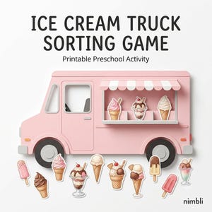 Peut inclure: Un jeu de tri de camion de crème glacée imprimable pour enfants d'âge préscolaire avec le texte ICE CREAM TRUCK SORTING GAME et Printable Preschool Activity. Sous le camion se trouvent divers cornets, coupes et glaces aux couleurs variées.
