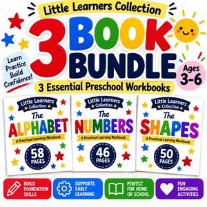 May include: A 3-book bundle for preschool children titled Little Learners Collection, featuring workbooks for The Alphabet, The Numbers, and The Shapes. Each book cover displays page counts of 58, 46, and 50 respectively, with colorful star graphics.