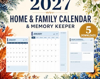 Pacchetto Calendario Famiglia 2027: Raccoglitore di ricordi, Agenda settimanale, Pianificatore dei pasti (Download digitale)