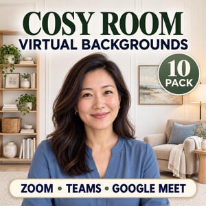 May include: A digital product listing for a 10 pack of Cosy Room Virtual Backgrounds for Zoom, Teams, and Google Meet. The image features a person in front of a room interior with a wooden bookshelf, a beige armchair, and wall art.