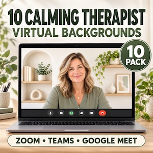 Puede incluir: Una pantalla de portátil que muestra un fondo virtual de una habitación luminosa con estanterías arqueadas, plantas y una persona. El texto dice 10 CALMING THERAPIST VIRTUAL BACKGROUNDS, 10 PACK y ZOOM • TEAMS • GOOGLE MEET sobre un escritorio.