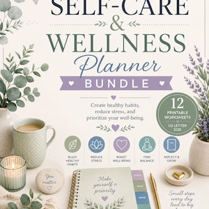 May include: A Self-Care & Wellness Planner Bundle featuring a spiral-bound notebook with the text Make yourself a priority, a gold pen, a lit candle, a stone with the text You matter, and a heart-shaped trinket, all decorated with lavender.