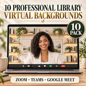 Pode incluir: Um produto digital com 10 fundos virtuais de biblioteca profissional para videoconferências. A imagem mostra a tela de um laptop com uma pessoa em um escritório com prateleiras, plantas e livros para Zoom, Teams e Google Meet.