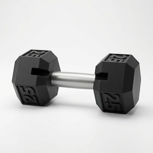 May include: A black hexagonal dumbbell with a silver-colored metal handle. The weight is marked with the number 25 embossed on the sides of the black rubber-coated heads. The dumbbell features a straight, smooth grip and a sturdy, flat-sided design.
