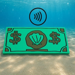 May include: A rectangular green banknote illustration featuring a central seashell graphic and dollar signs on either side. Above the banknote is a black circular icon with four curved lines representing a contactless payment symbol.