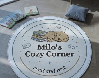 Super soft Personalized Round Reading Nook Rug, Custom Name Pet Corner Mat, Kids Nursery Classroom Cozy Space Decor
