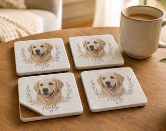 Custom Pet Portrait Stone Coaster Set, Personalized Dog Cat Photo Coasters, Pet Memorial Gift for Pet Lover