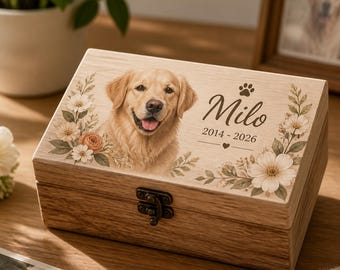 Custom Pet Memory Keepsake Box, Personalized Wooden Pet Memorial Box, Dog Cat Photo Gift for Tags Collar Fur Notes