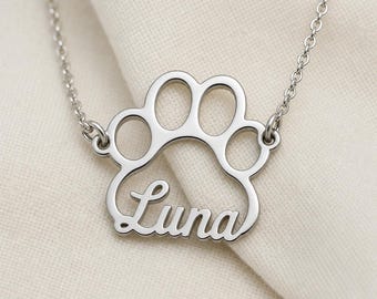 Custom Pet Paw Name Necklace, Personalized Dog Cat Memorial Jewelry, Pet Mom Gift