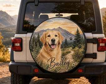 Custom Pet Adventure Spare Tire Cover, Personalized Dog Portrait 15 Inch Wheel Cover, Road Trip Pet Name Car Accessory Gift