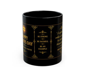 Taza de cerámica negra con versículo bíblico para el Día del Padre / Proverbios 20:7