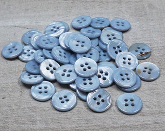 Mother of pearl buttons, blue 4-hole buttons, choose size, 6 loose buttons, genuine river shell heirloom buttons, dolls, garments, shirts