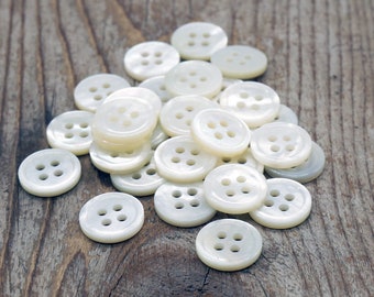MOP 4-hole shirt buttons, white, choose size, set of 6 loose buttons, genuine mother of pearl, classic shirt buttons, heirloom