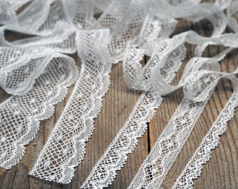 White cotton heirloom lace, by the yard, flat lace can be gathered by pulling header thread, non-stretch, made in France, 90% cotton