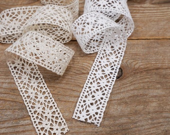 22mm cotton crocheted lace, by the yard, 100% soft cotton lace insertion, cluny lace, flat lace, non-stretch, choose white or ecru, France