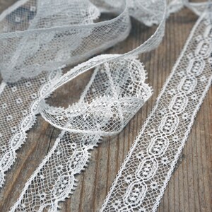 White cotton heirloom lace, by the yard, fine flat lace, non-stretch, can be gathered by pulling header thread, made in France, 90% cotton