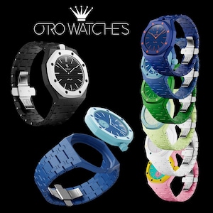 May include: A collection of Oro Watches featuring an octagonal bezel design. One black watch is displayed on the left, while a vertical stack of watches in blue, green, light green, white, and pink sits on the right. A blue watch case is floating.