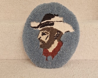 Buck Cameo - Tufted Wool Cowboy Art, Framed, oval art, original art