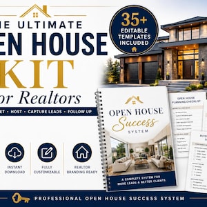 Puede incluir: Un kit de marketing digital para agentes inmobiliarios titulado The Ultimate Open House Kit, que incluye más de 35 plantillas editables, una guía en espiral, una lista de verificación, una hoja de registro y un sistema de seguimiento.