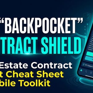 May include: A digital product titled THE BACKPOCKET CONTRACT SHIELD Real Estate Contract Script Cheat Sheet & Mobile Toolkit, featuring a smartphone displaying an Inspection Matrix interface with teal buttons and text on a dark blue background.