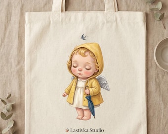 Bolsa Tote com Querubim para Dia Chuvoso, Bolsa para Livros em Lona com Anjo de Dois Lados, Estúdio de Arte Popular Fantástica