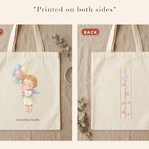 Pode incluir: Uma sacola bege impressa em ambos os lados. A frente apresenta um anjo de cabelos cacheados segurando um grupo de bal&otilde;es coloridos com o texto Lastivka Studio. O verso mostra um design vertical de quatro pequenos anjos com bal&otilde;es.