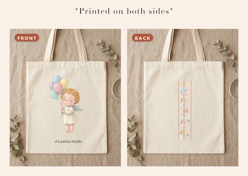 Pode incluir: Uma sacola bege impressa em ambos os lados. A frente apresenta um anjo de cabelos cacheados segurando um grupo de bal&otilde;es coloridos com o texto Lastivka Studio. O verso mostra um design vertical de quatro pequenos anjos com bal&otilde;es.