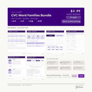 May include: A digital educational CVC Word Families Bundle, Vol. 2 Short E, featuring 16 pages of printable activities. The purple header displays the title, short vowel E, and word families -en, -et, -eg, -ed. Includes trace and write, read and match, cut and sort, fill in the blank, word family house, and word search.
