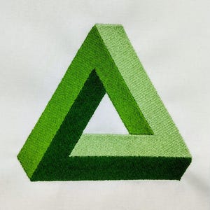 May include: An embroidered Penrose triangle design featuring three distinct shades of green thread on a white fabric background. The geometric shape uses light, medium, and dark green stitching to create an illusion of a three-dimensional object.