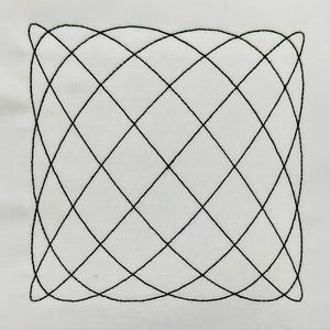 May include: A square piece of white fabric featuring a black embroidered geometric pattern. The design consists of intersecting curved lines that create a repeating diamond grid, forming a symmetrical lattice structure across the center of the textile.