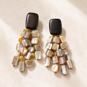 May include: A pair of drop earrings featuring a dark brown rectangular wooden top piece. Attached to each wooden piece is a cluster of iridescent, square-shaped shell beads in shades of cream, grey, and tan, arranged in a cascading fringe.